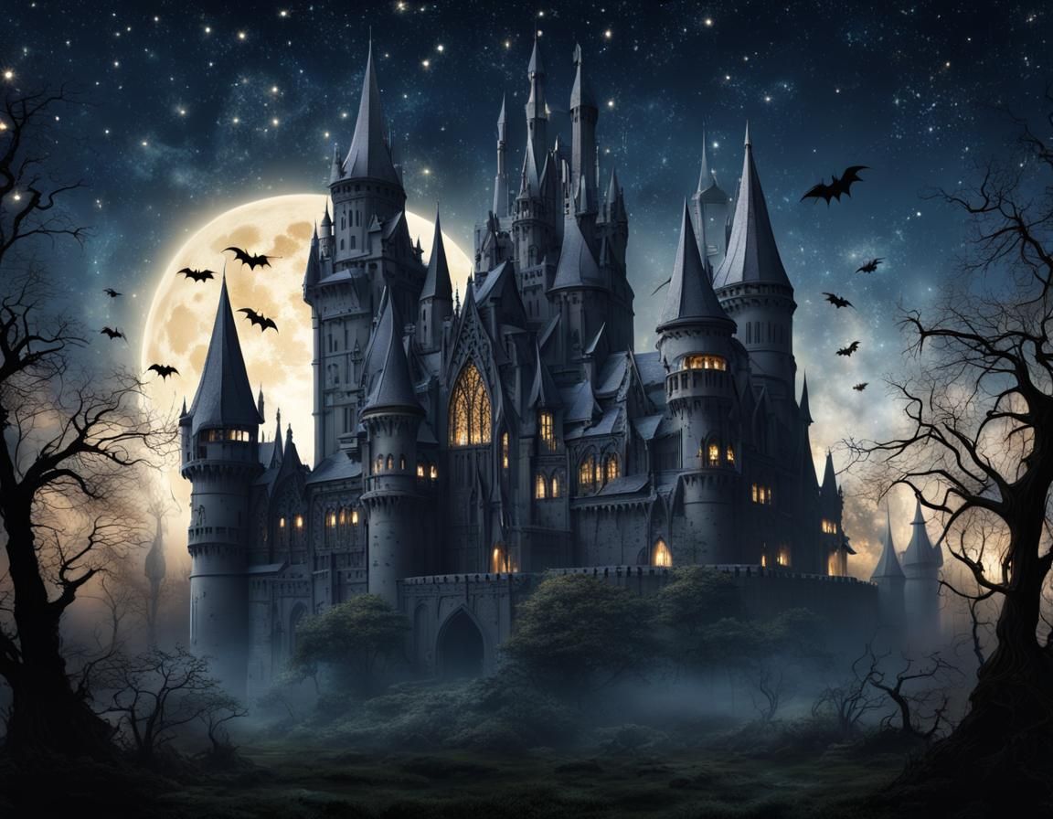 Mysterious Gothic Castle Under a Starry Sky