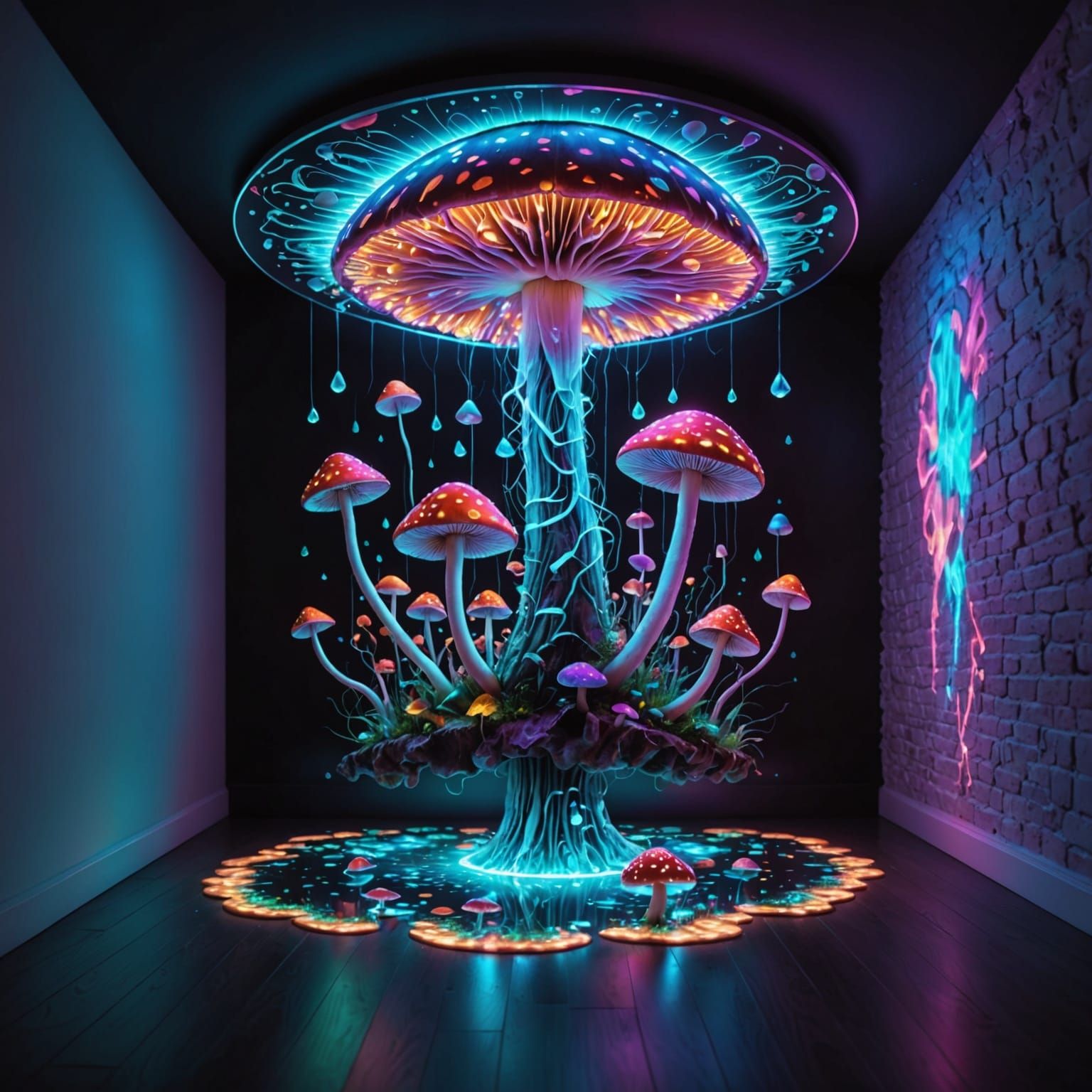Surreal Mushroom Hologram in Bedroom
