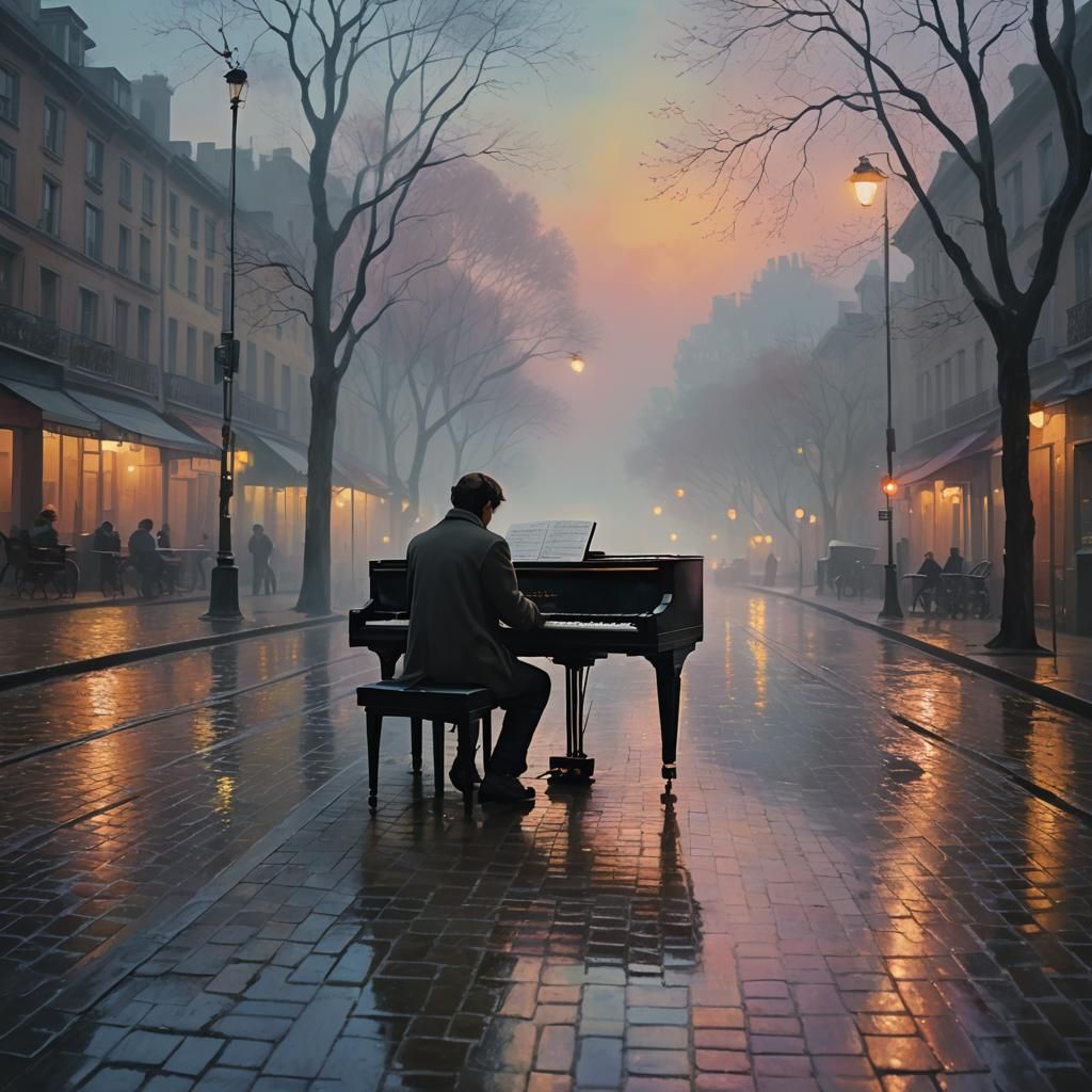 Pianist on Misty Street: Impressionistic Oil Painting