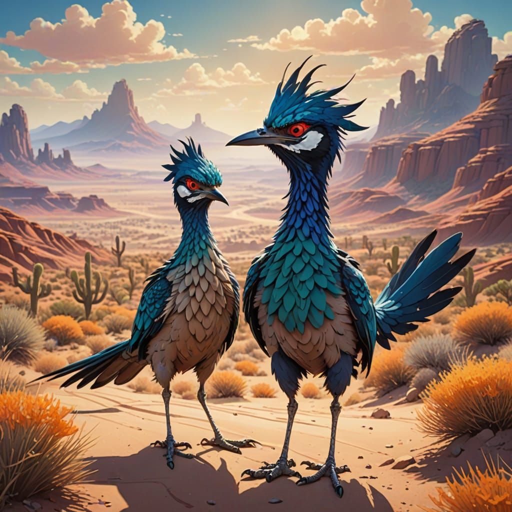Exuberant Roadrunner Couple in Whimsical Cartoon Style