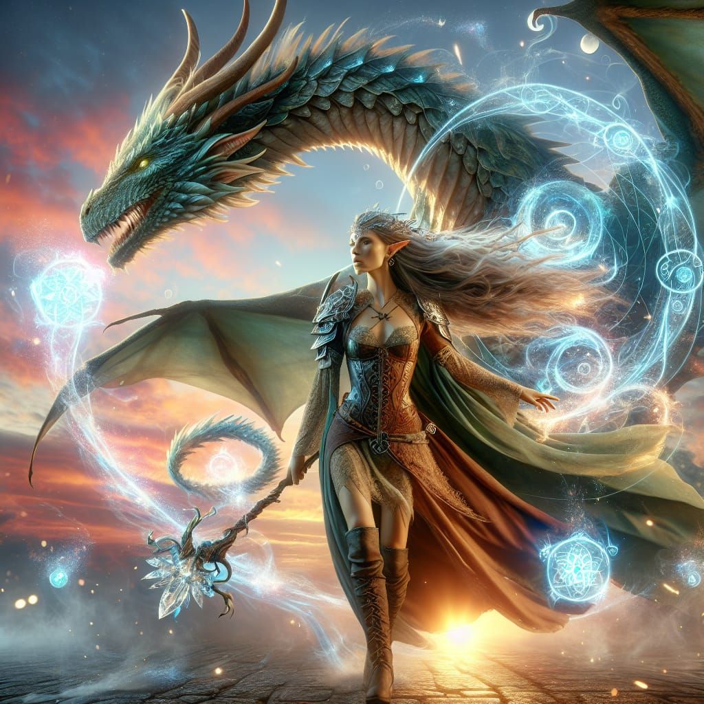 Vanalae - elven high druid and her dragon Kytho