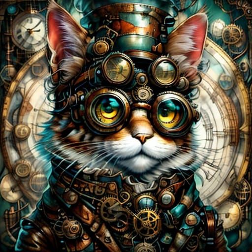 Steampunk Cat in Brass Armor and Goggles