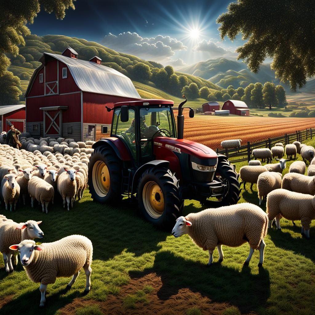 Extremely Ultrarealistic Photorealistic 3D of farm life, farmer with animals, sheep driving a tractor , keeping the anim...