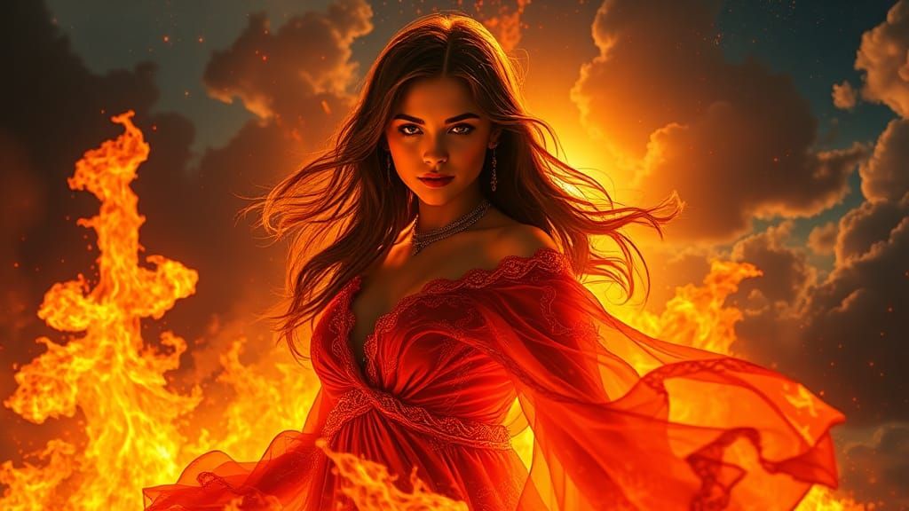 Fiery Woman Emerges from Inferno in Hyperrealistic Portrait