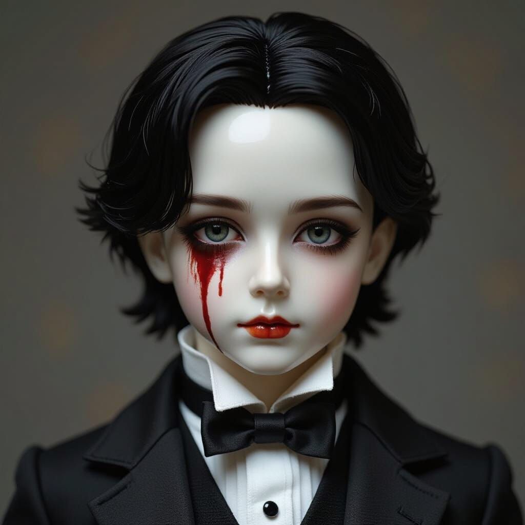 Gothic Porcelain Doll with Blood, in Dark Lighting