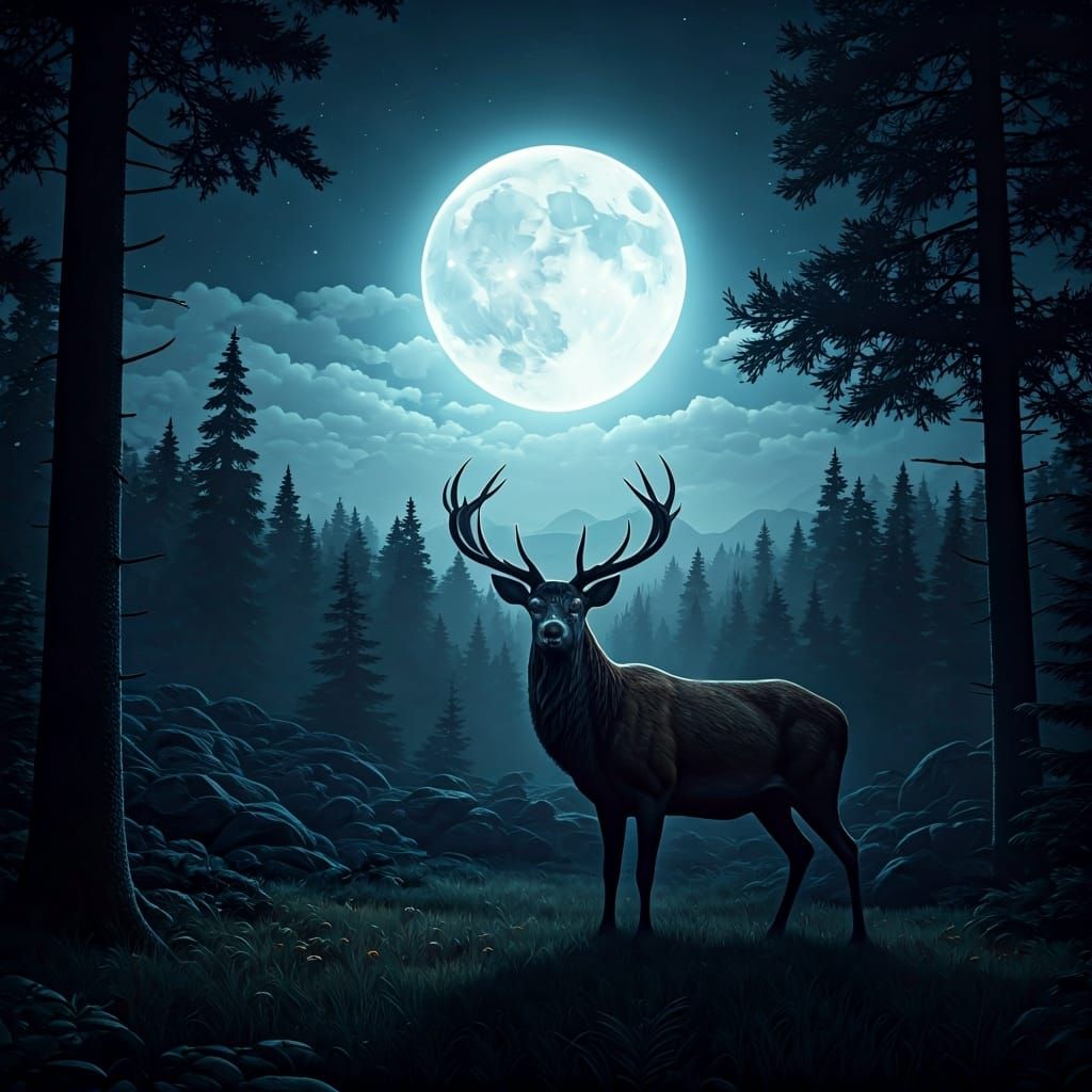 Majestic Stag Silhouette Against Moonlit Sky