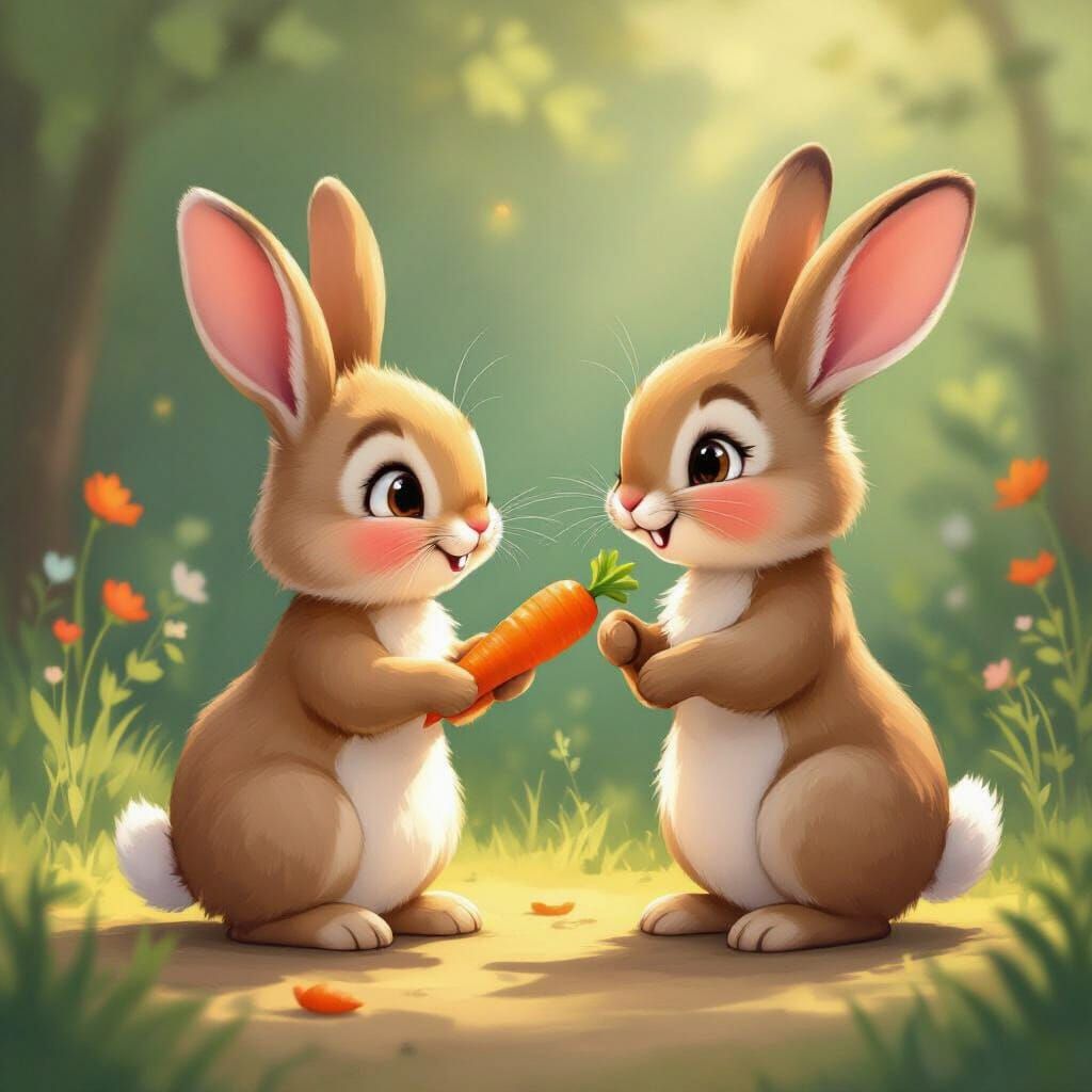 Shy Bunny Receives Carrot From Confident Bunny in Cartoon St...