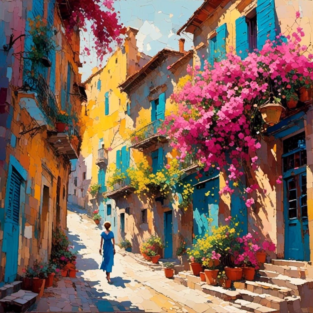 Woman on Shop-Lined Street in Watercolor Style