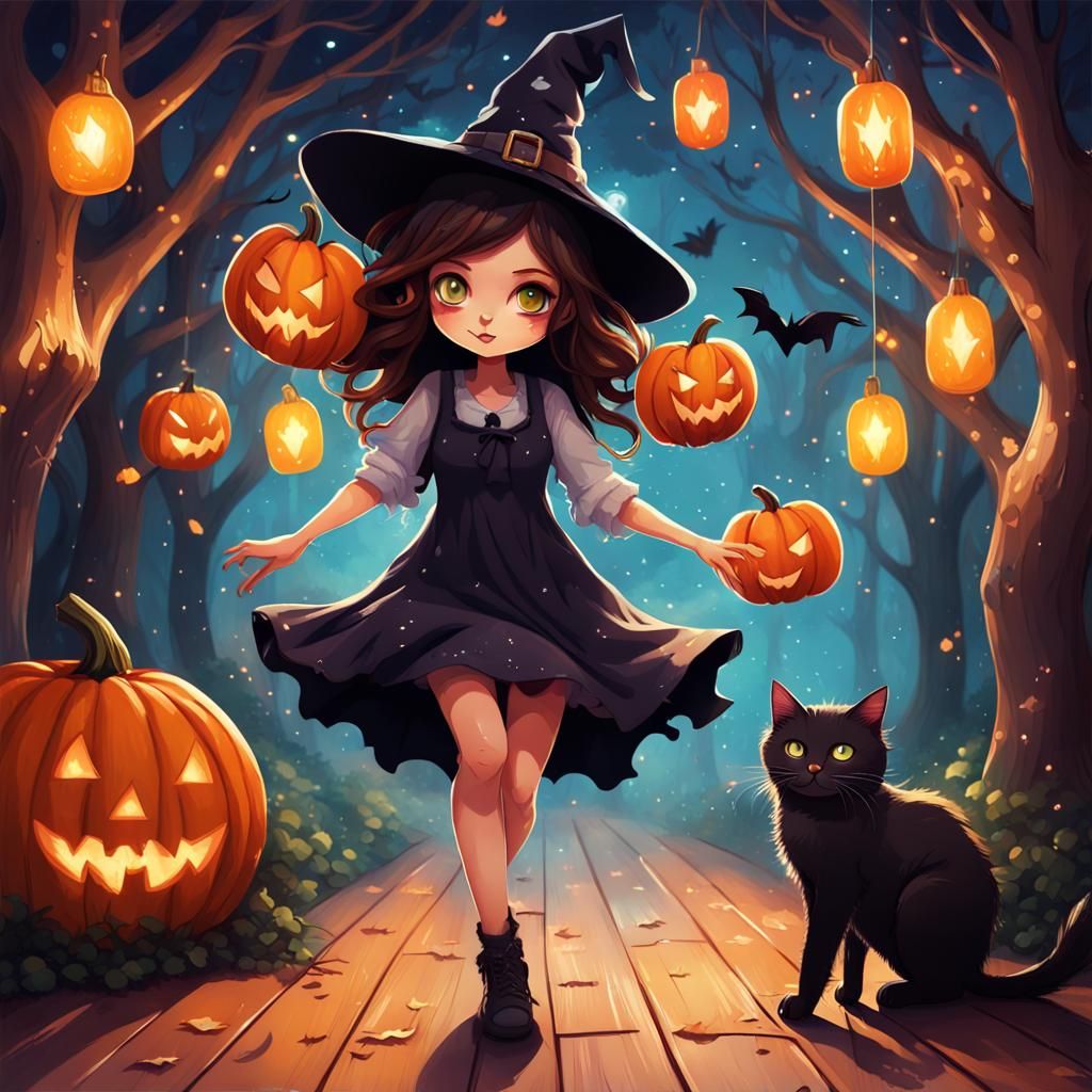 Cozy Fall Witch Garden Dance in Graffiti Art