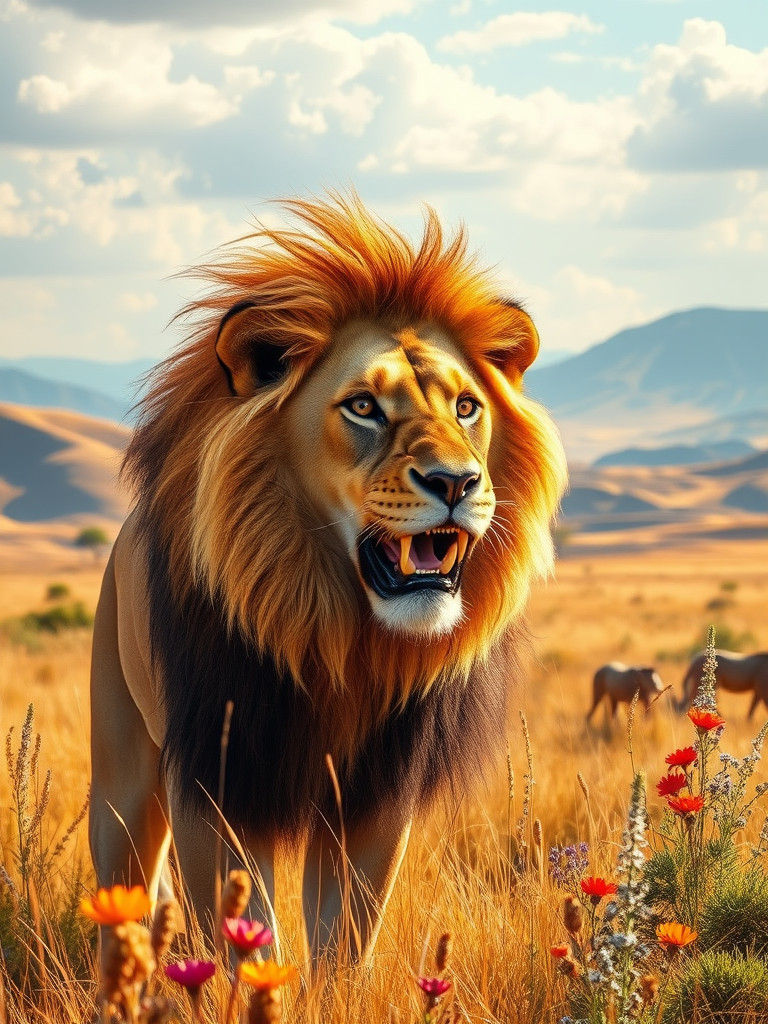Majestic Lion Roaring in Golden Savanna