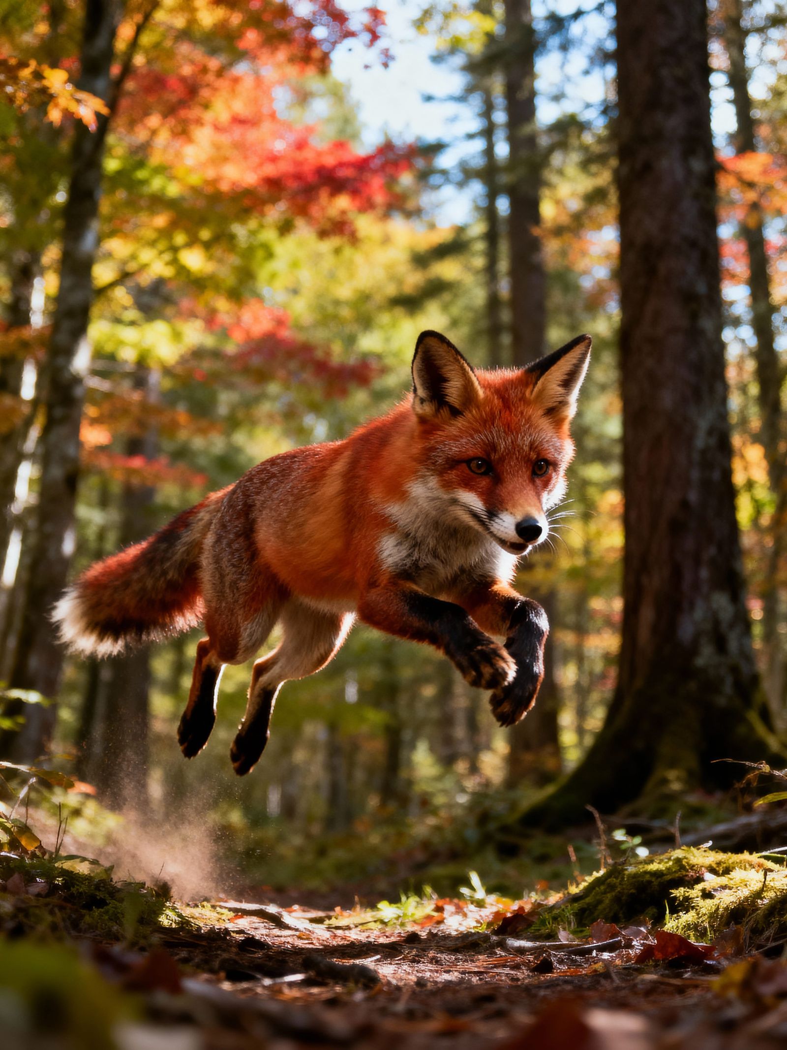 Hyperrealistic Red Fox Leaping in Forest