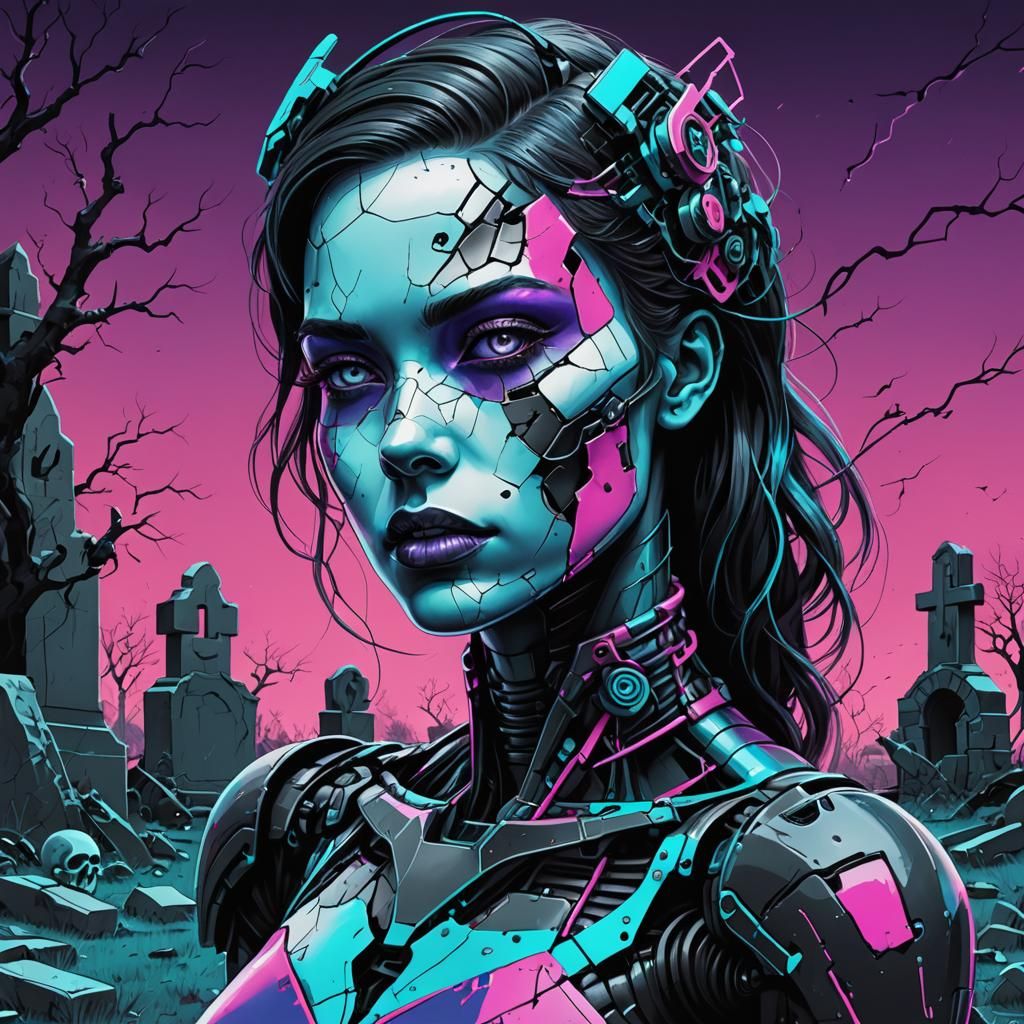 Cyborg Woman in Graveyard: Charcoal Contour Art