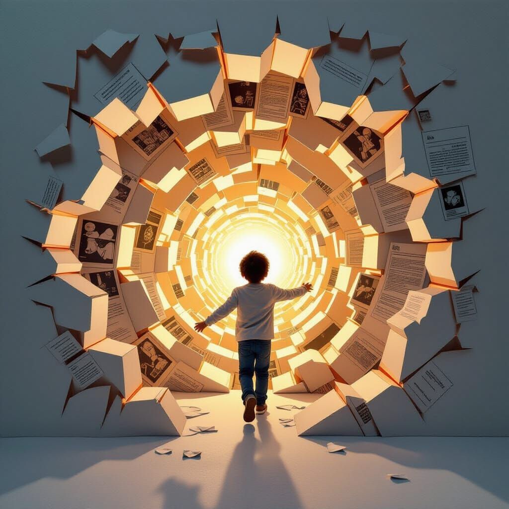 Child Enters 3D Paper Sculpture Portal