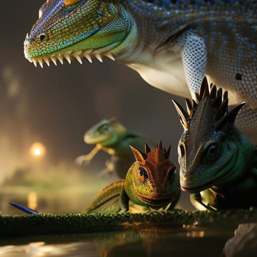 Dynamic Lizards Running on Lake: Digital Matte Painting