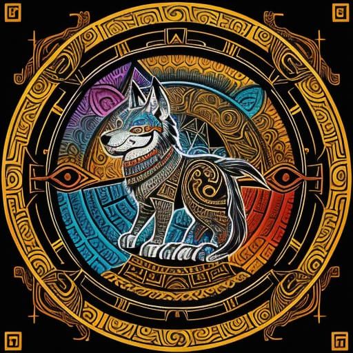 Magic Wolf Tribal Tattoo in Mayan Style with Totem and Symbo...