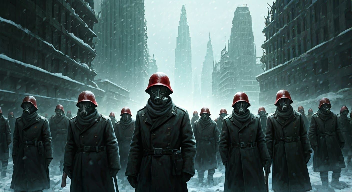 Dystopian Cityscape in Gothic Ruins, Soldiers Marching Emaci...