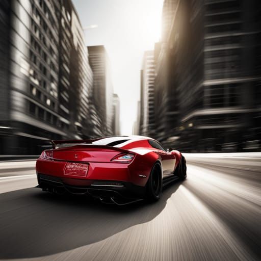 Dark Red Funny Car Races Down City Street