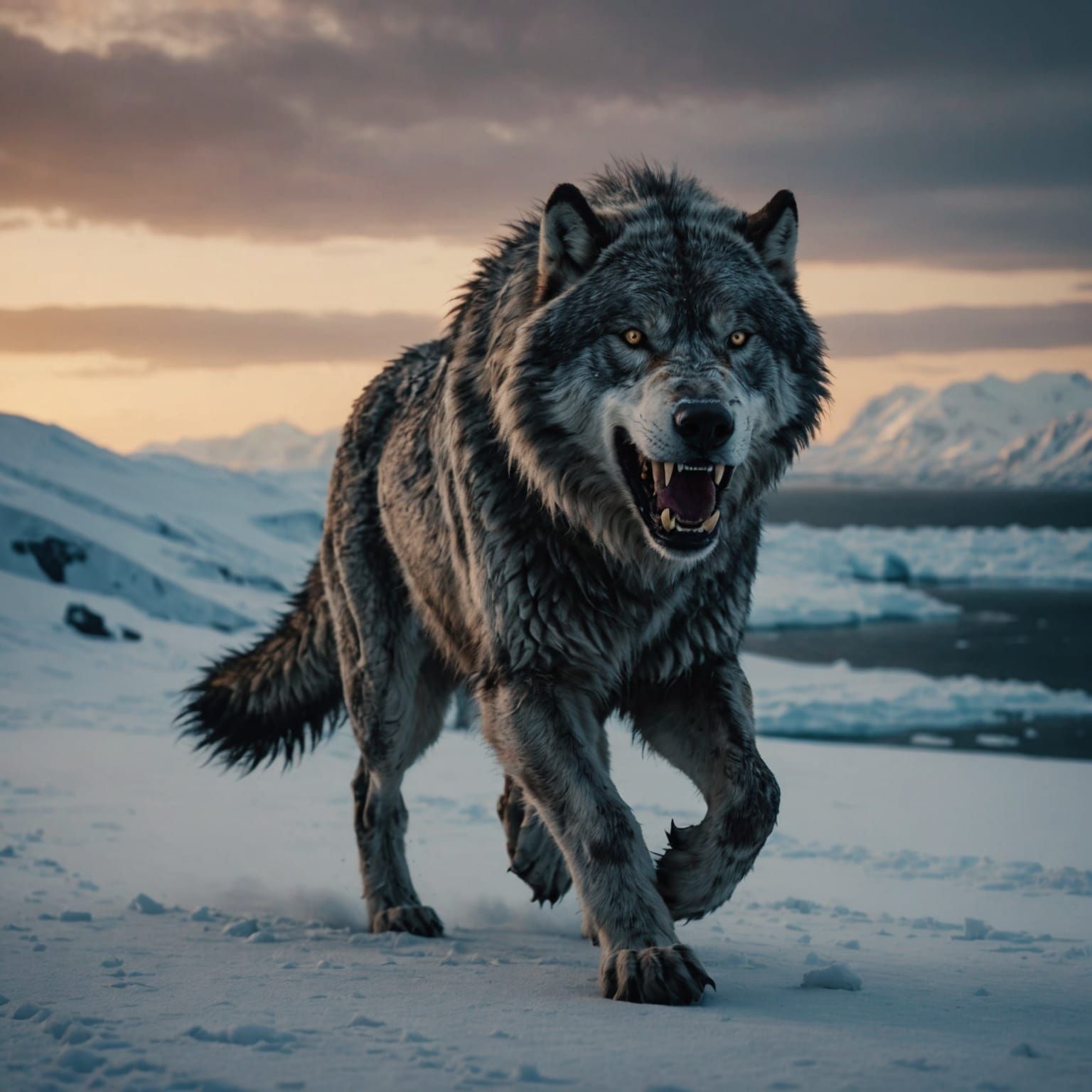 Hyperrealistic Dire Wolf in Arctic Dusk