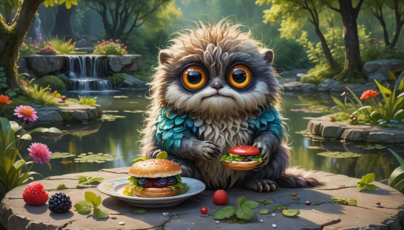 Cute Fluffy Creature Enjoys a Tiny Hamburger