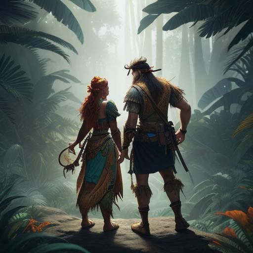 Pirate and Tribal Woman in Tropical Jungle Art