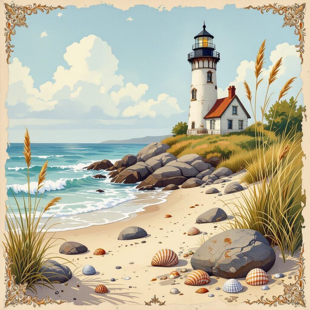 Steampunk watercolor whimsical illustration of the beach with rocks beach debris shells grasses a lighthouse