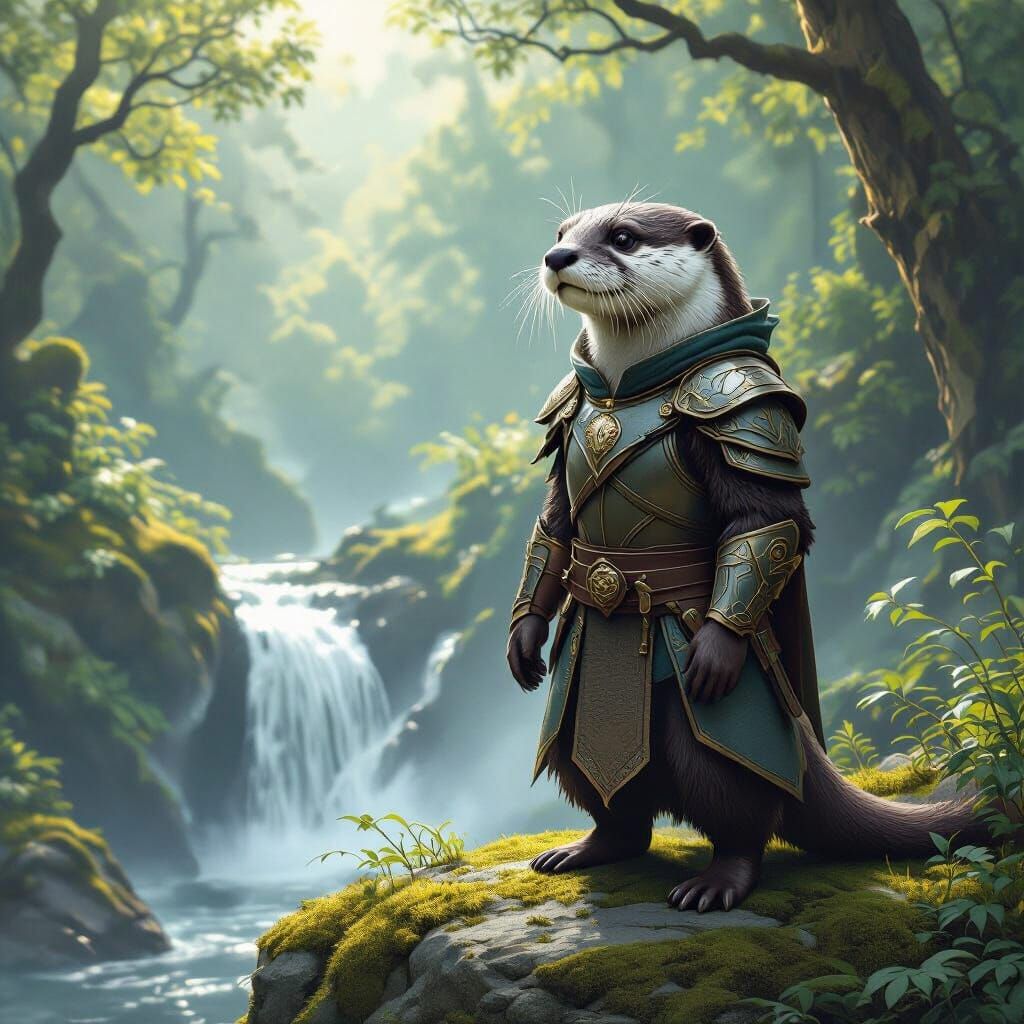 Otter in Elven Armor at Mystical Waterfall