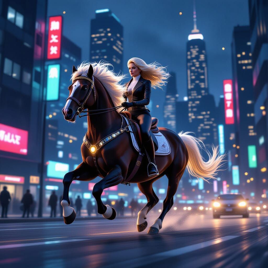 Cyberpunk Horse Galloping Through Neon Cityscape