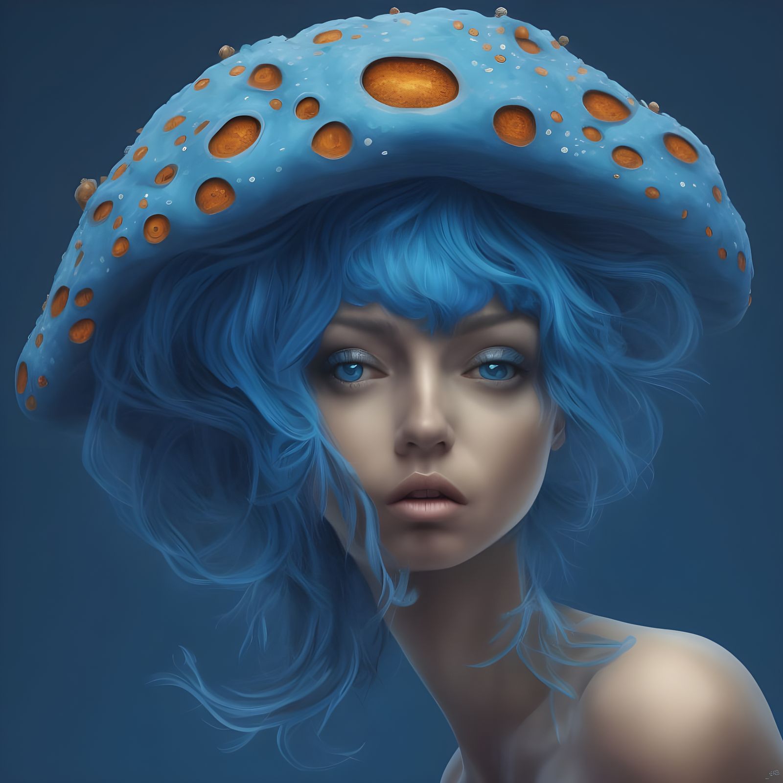 Blue Shroom Pixie Portrait in Hyperrealistic Splash Art