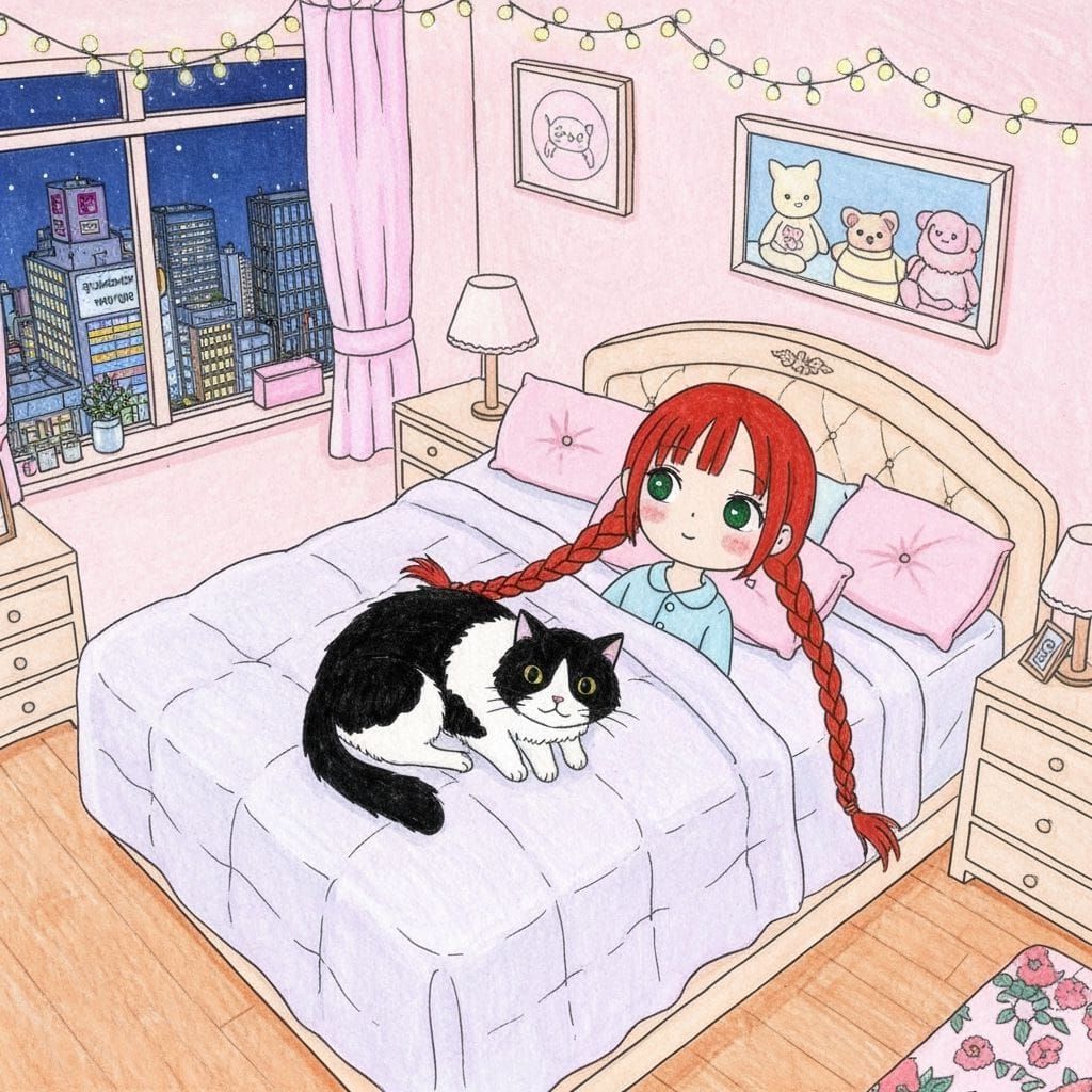Childlike Drawing of Girl and Cat in Pastel Bedroom