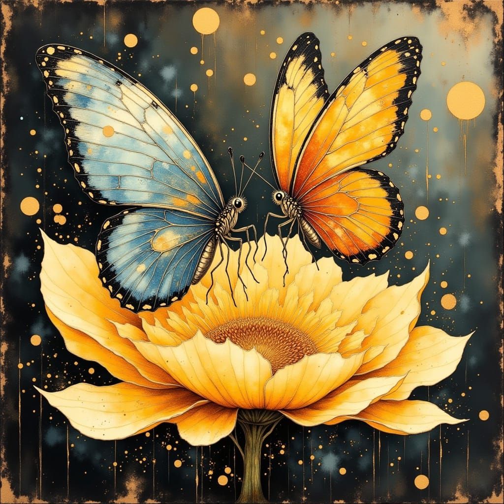 Delicate Butterflies on Antique Gold Flower