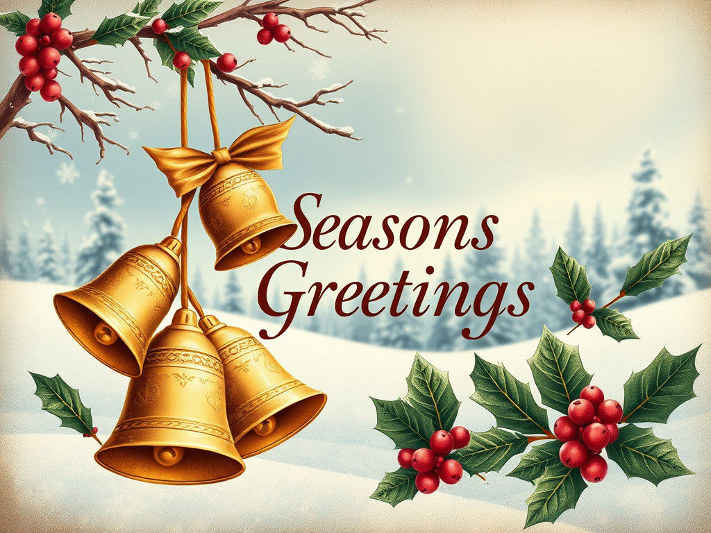 Vintage Christmas Card with Bells and Snowy Scene