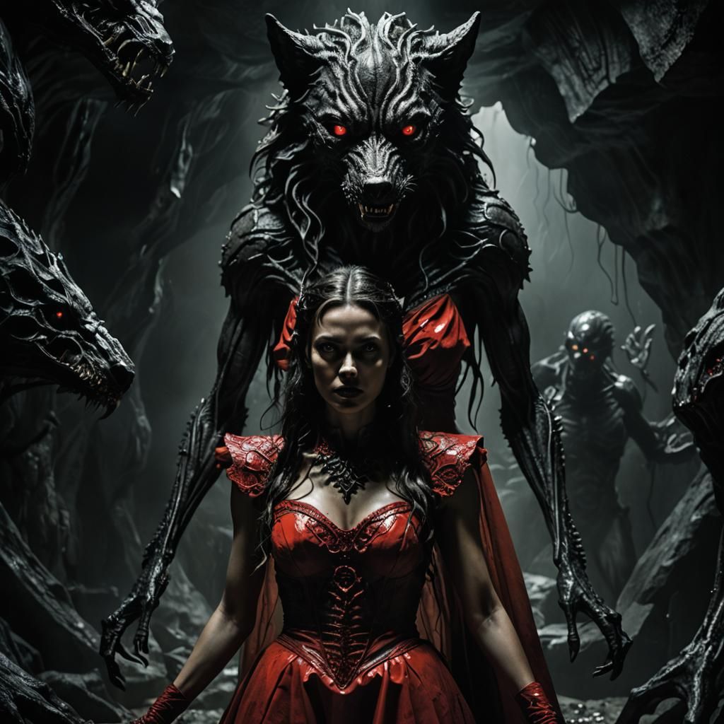 Alien Wolf and Girl in Dark Cave