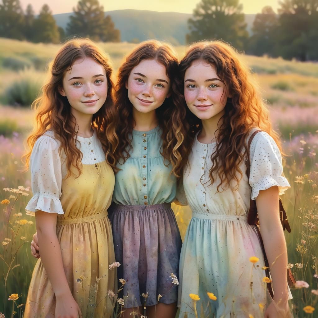 Girls in Meadow: Watercolor-Inspired Digital Art