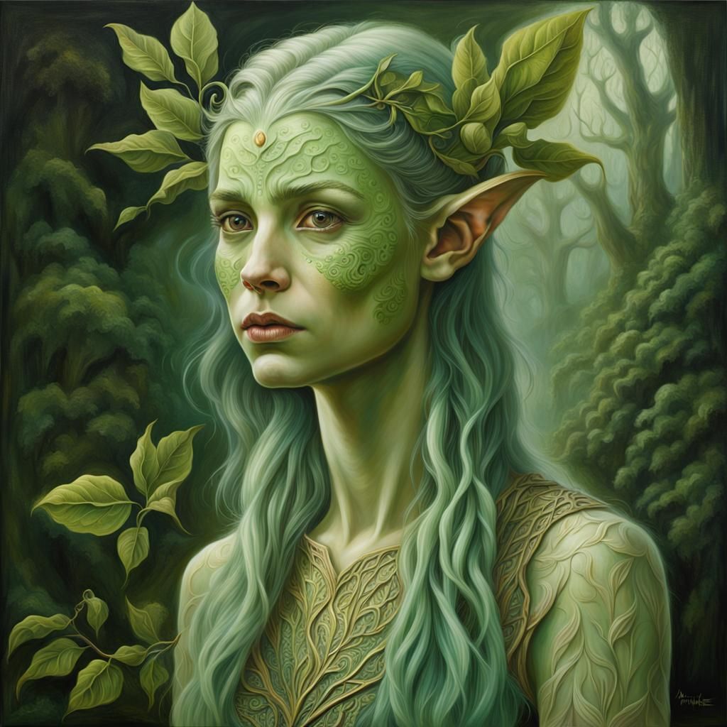 Elven Dryad Portrait in Oil on Canvas Style