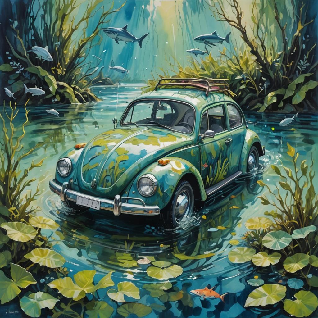 Submerged VW Beetle with Sharks: Gouache Impasto Painting