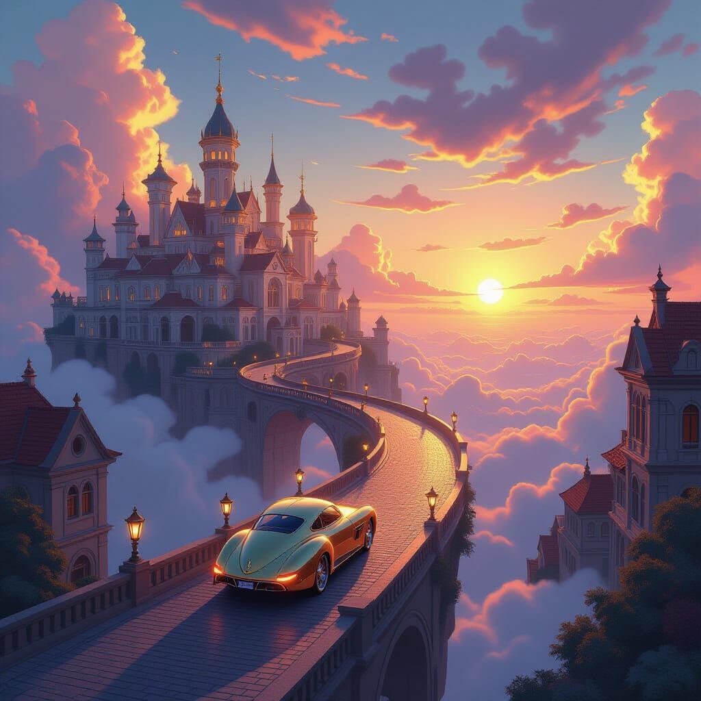 Fantastical Sky City With Flowing Gold Car at Sunset