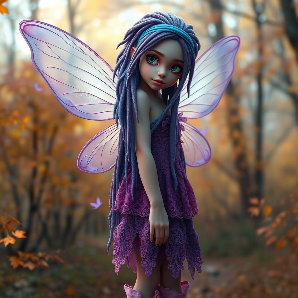 a delicate ethereal fairy with purple dreadlocks hair, pink lips, blue headband, vibrant purple lace dress with multiple...