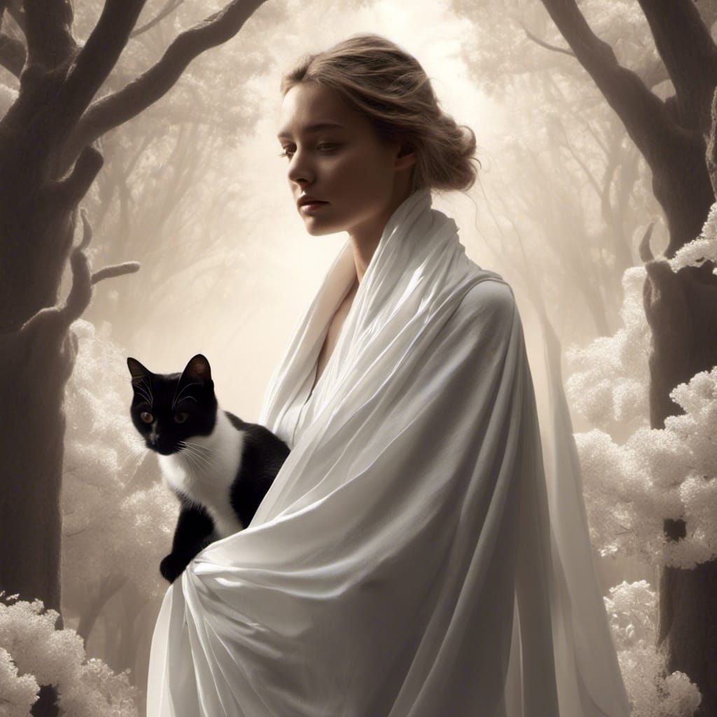 Woman with Cat in Robe with Intricate Drapery