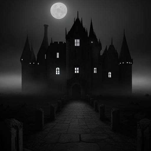 Eerie Haunted Castle Ruin in Black and White