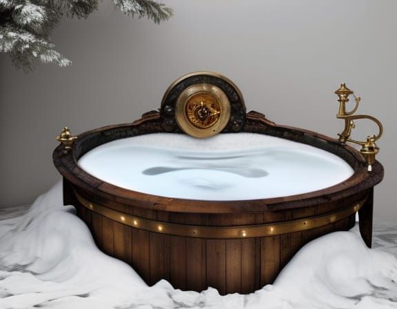 Steampunk Hot Tub in Winter Landscape, Detailed Matte Painti...