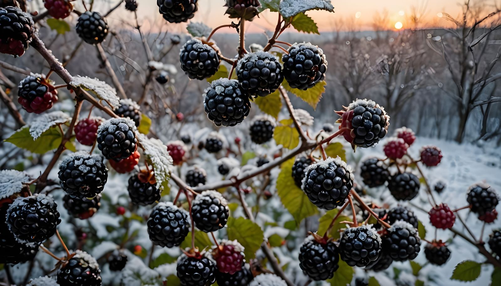 Frozen Blackberries on Bush Before Dawn