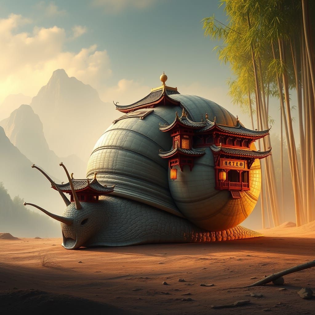A colossal snail, its shell an exquisite replica of traditional Chinese architecture with multiple tiers of curved tiled...