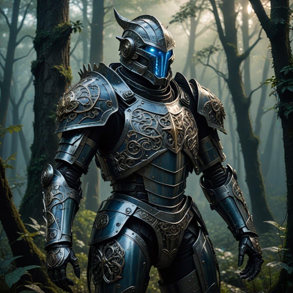 Cybernetic Lizard Knight in Dark Fantasy Forest