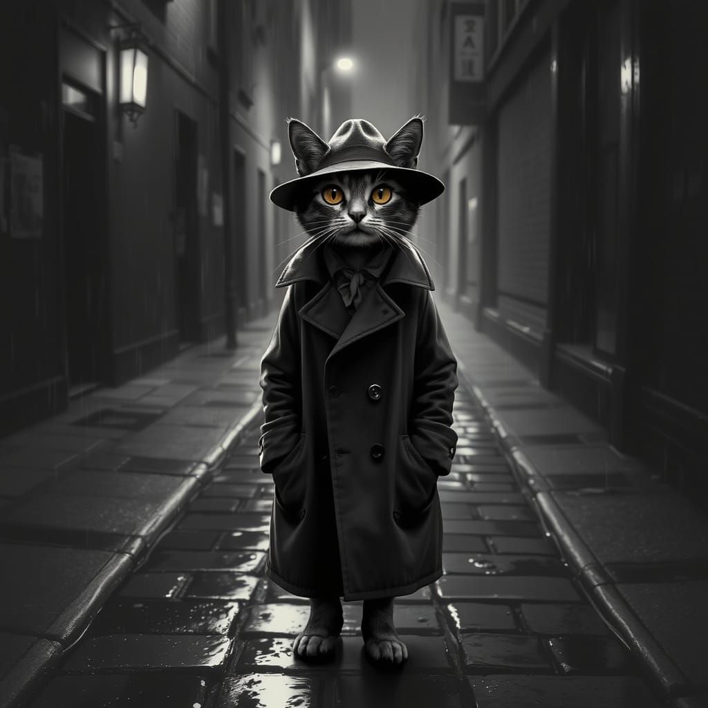 Noir Cat Detective in Rain-Slicked Alleyway