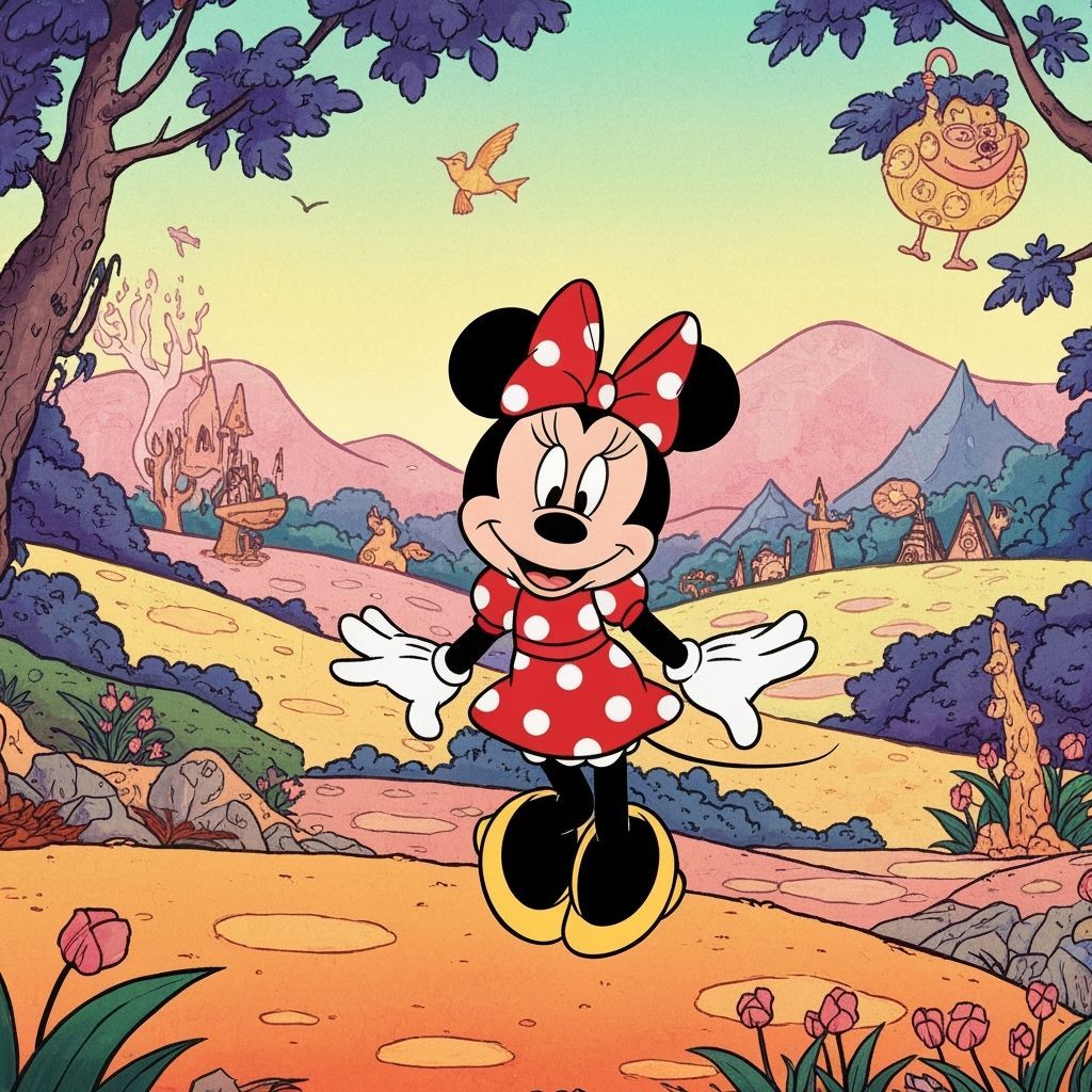 Minnie Mouse in a Whimsical Cartoon Landscape