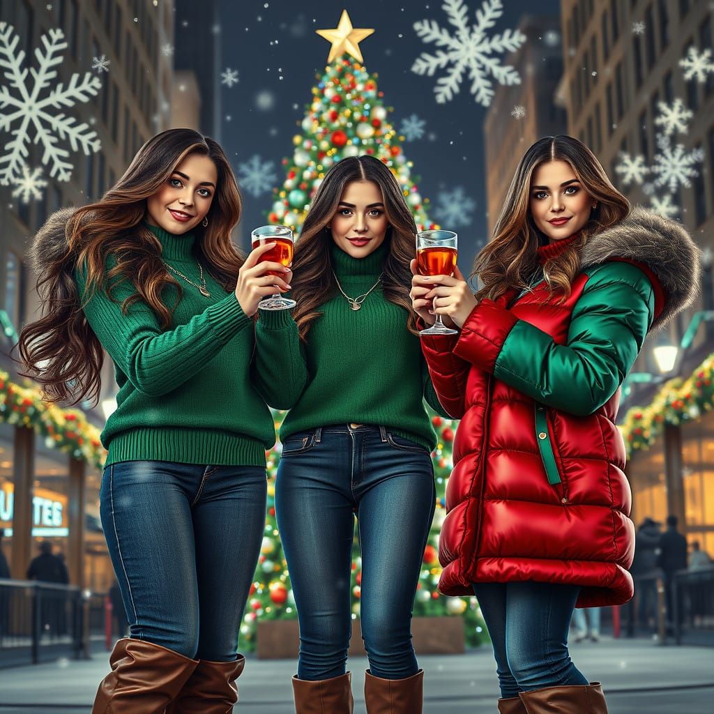Women in Festive Ensembles Raise a Toast by a Christmas Tree...