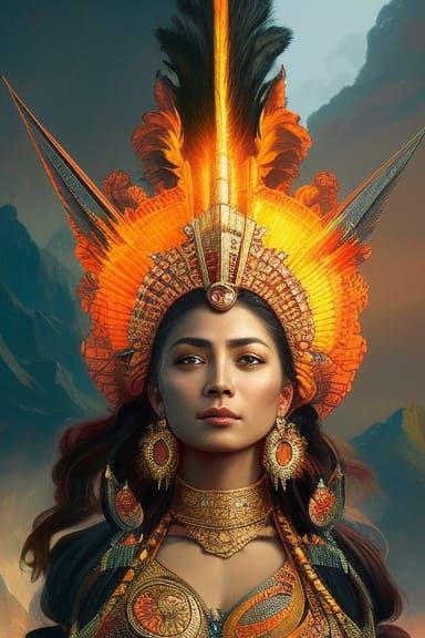 Aztec Fire Goddess Chantico Portrait in Hyperdetailed Style