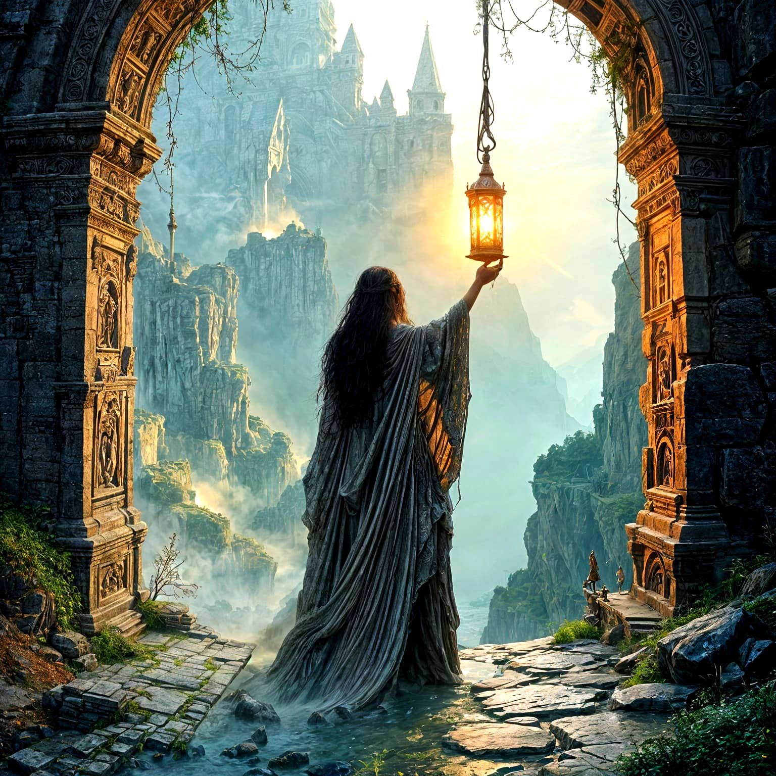 Ethereal Lantern on Ancient Stone Bridge