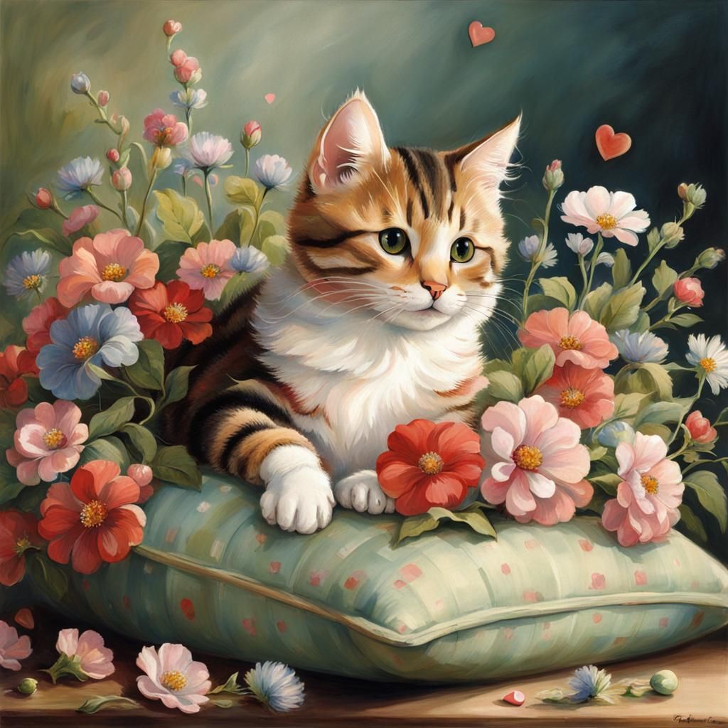Charming Cat Surrounded by Flowers, Illustration Style