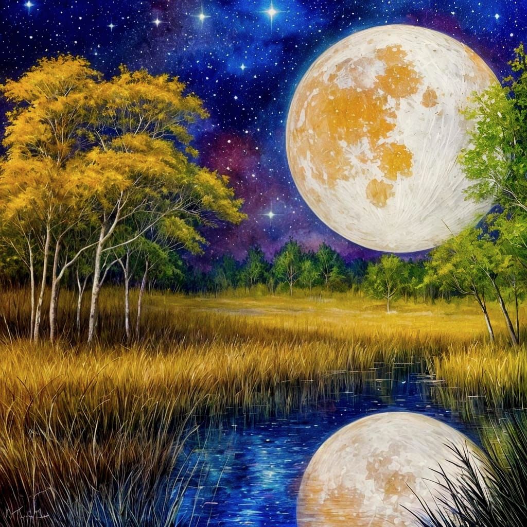 Mystical Moonlit Woodland Painting in Indian Ink